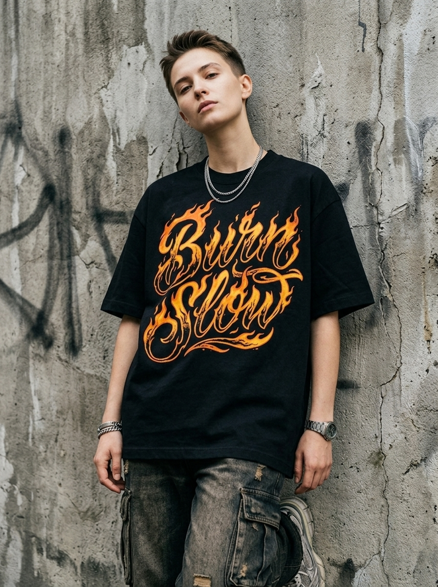 T-Shirt Oversize Brucia Lento - Indossata