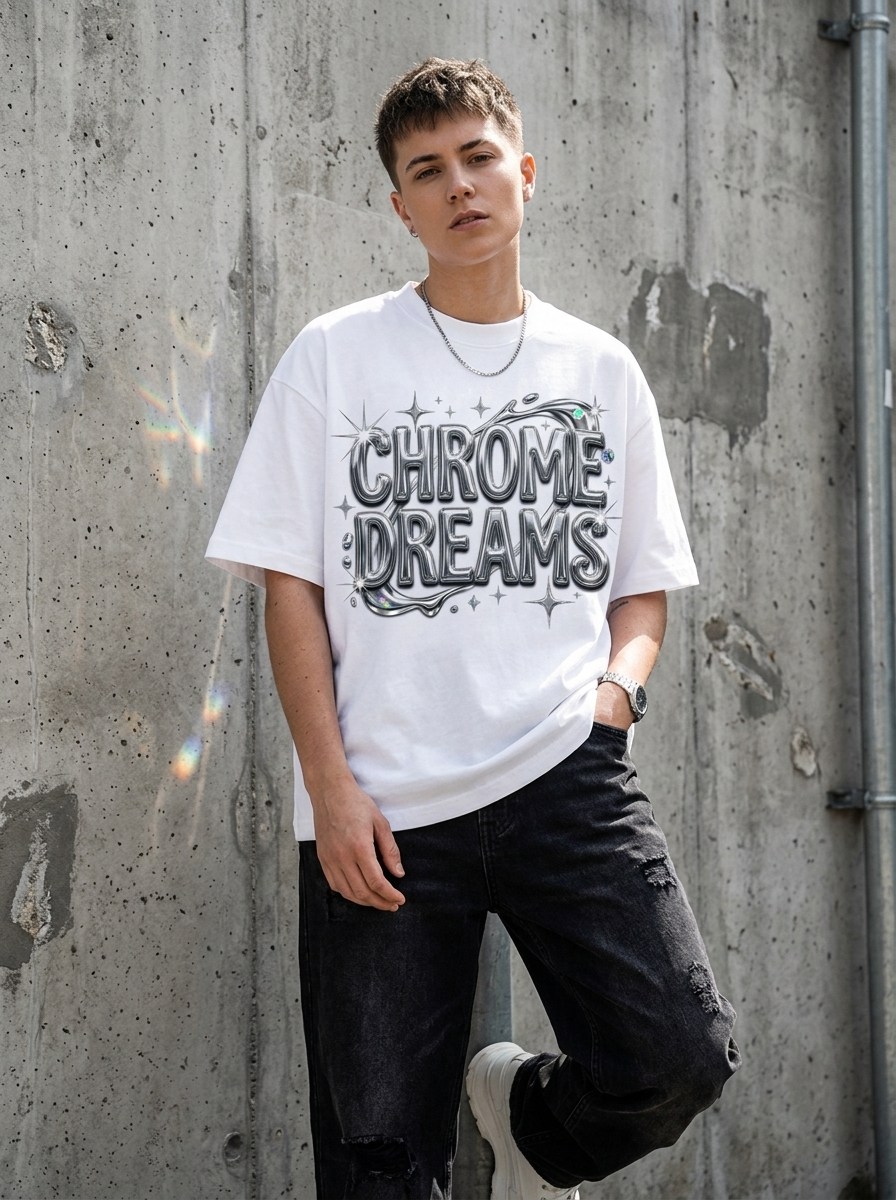 T-Shirt Oversize Y2K Sogni di Cromo - Indossata