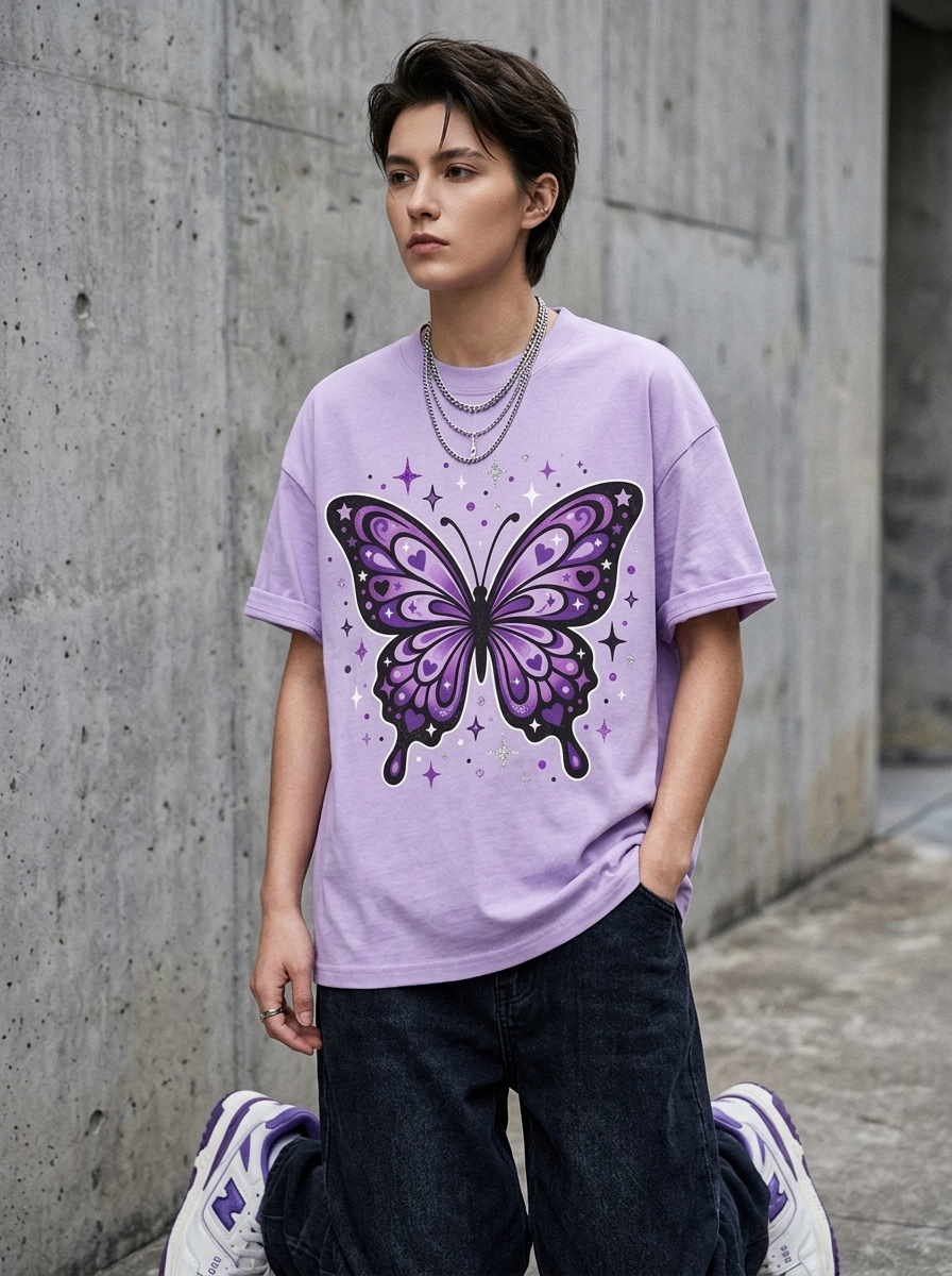 T-Shirt Oversize Y2K Farfalla Cibernetica - Indossata