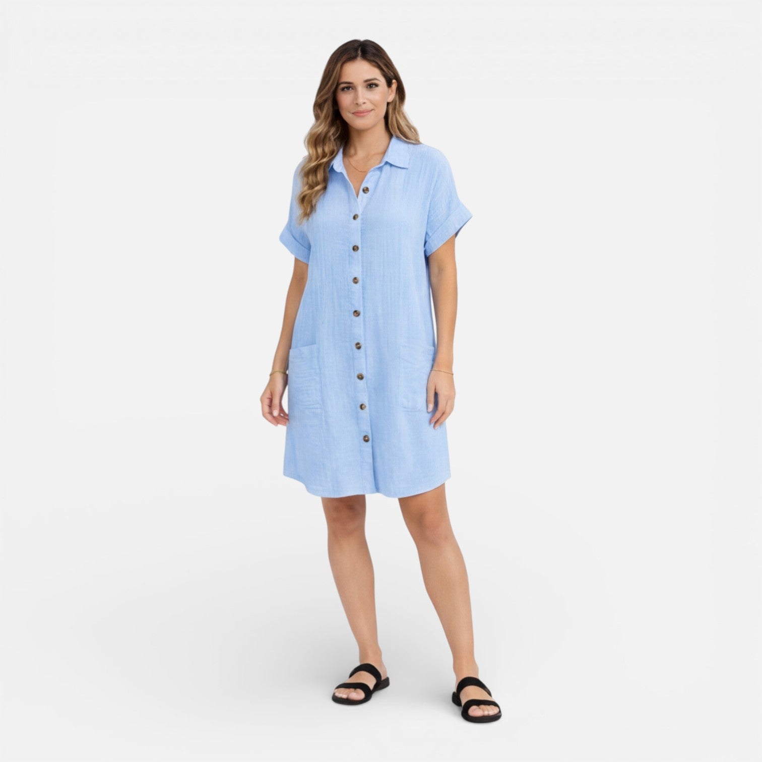 Abito camicia midi in lino relaxato con tasche laterali.
