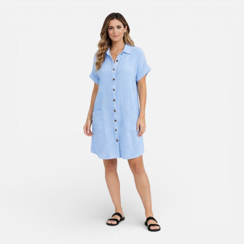 Abito camicia midi in lino relaxato con tasche laterali.