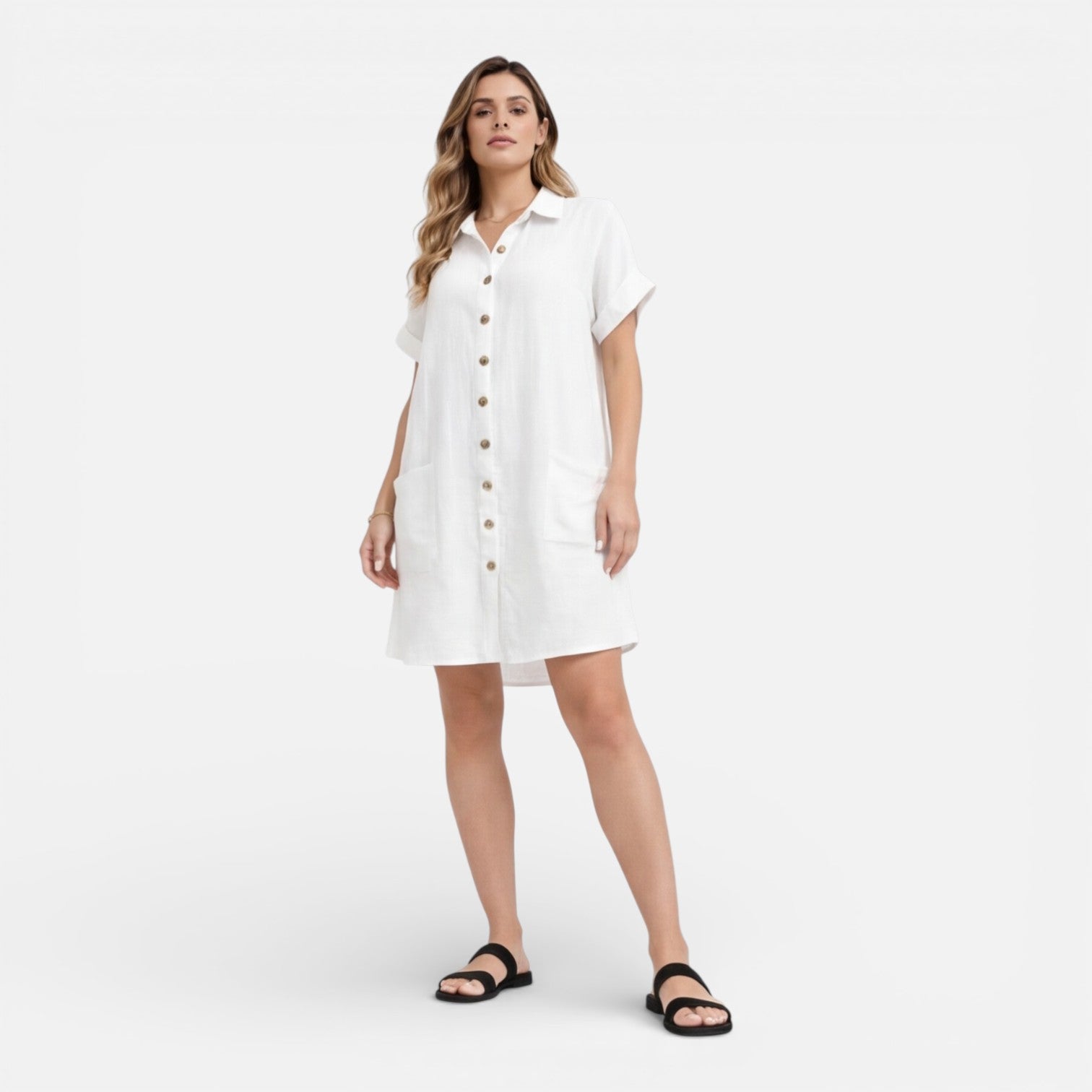 Abito camicia midi in lino relaxato con tasche laterali. 5