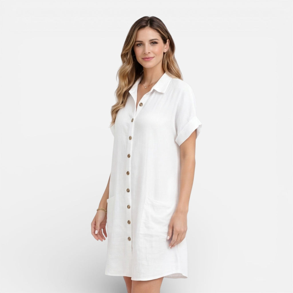 Abito camicia midi in lino relaxato con tasche laterali. 6