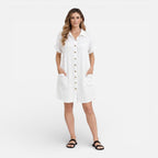Abito camicia midi in lino relaxato con tasche laterali. 7