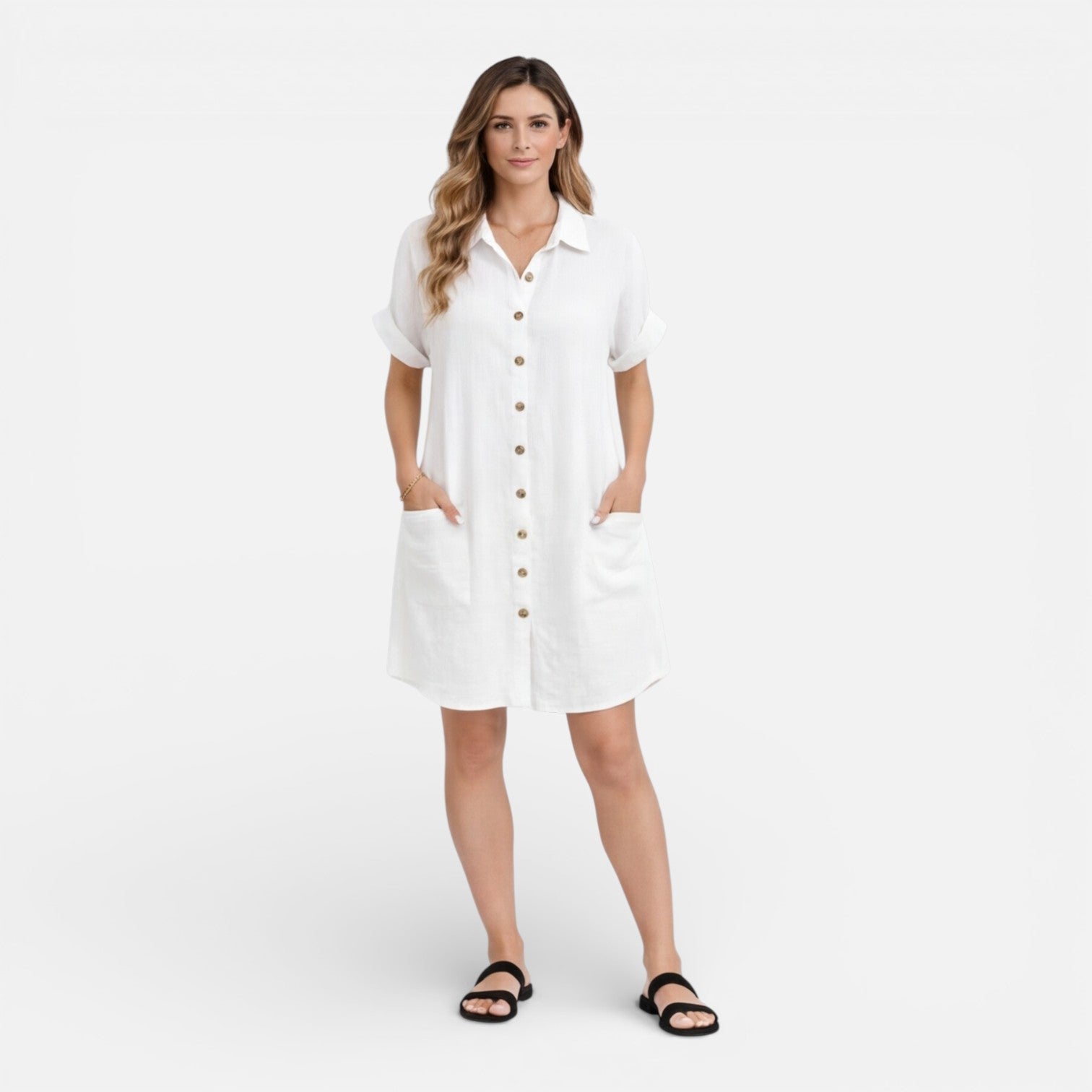 Abito camicia midi in lino relaxato con tasche laterali. 7