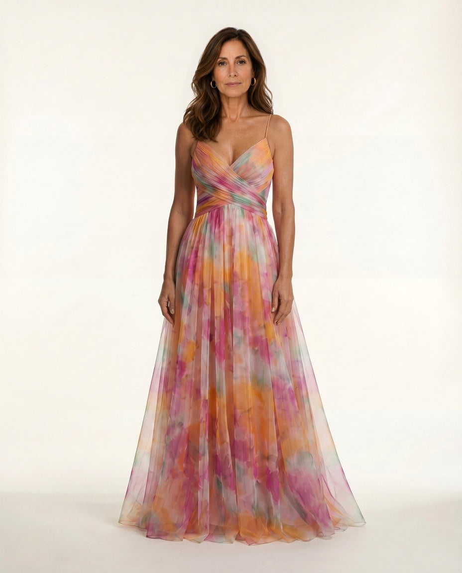 Abito maxi floreale acquerellato elegante per eventi estivi.