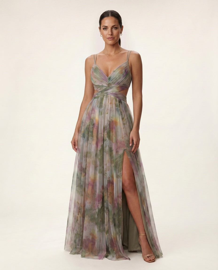 Abito maxi floreale acquerellato elegante per eventi estivi. 2