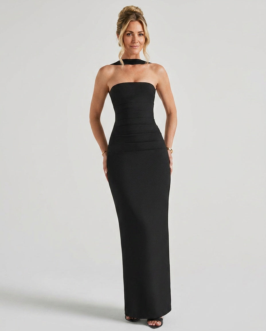 Abito Maxi Arricciato a Spalla Unica Elegante in nero