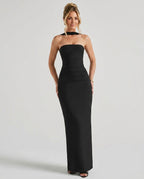 Abito Maxi Arricciato a Spalla Unica Elegante in nero