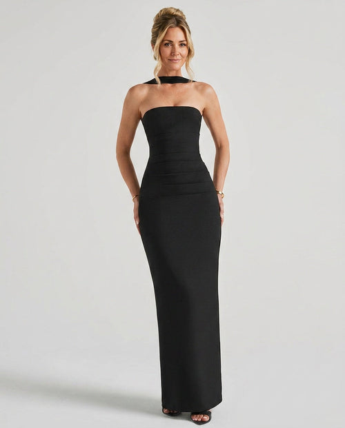 Abito Maxi Arricciato a Spalla Unica Elegante in nero