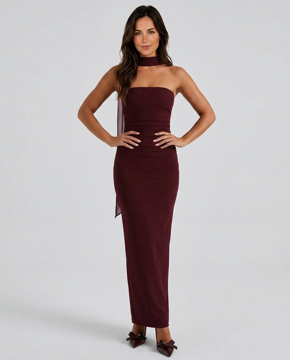 Abito Maxi Arricciato a Spalla Unica Elegante in nero 5