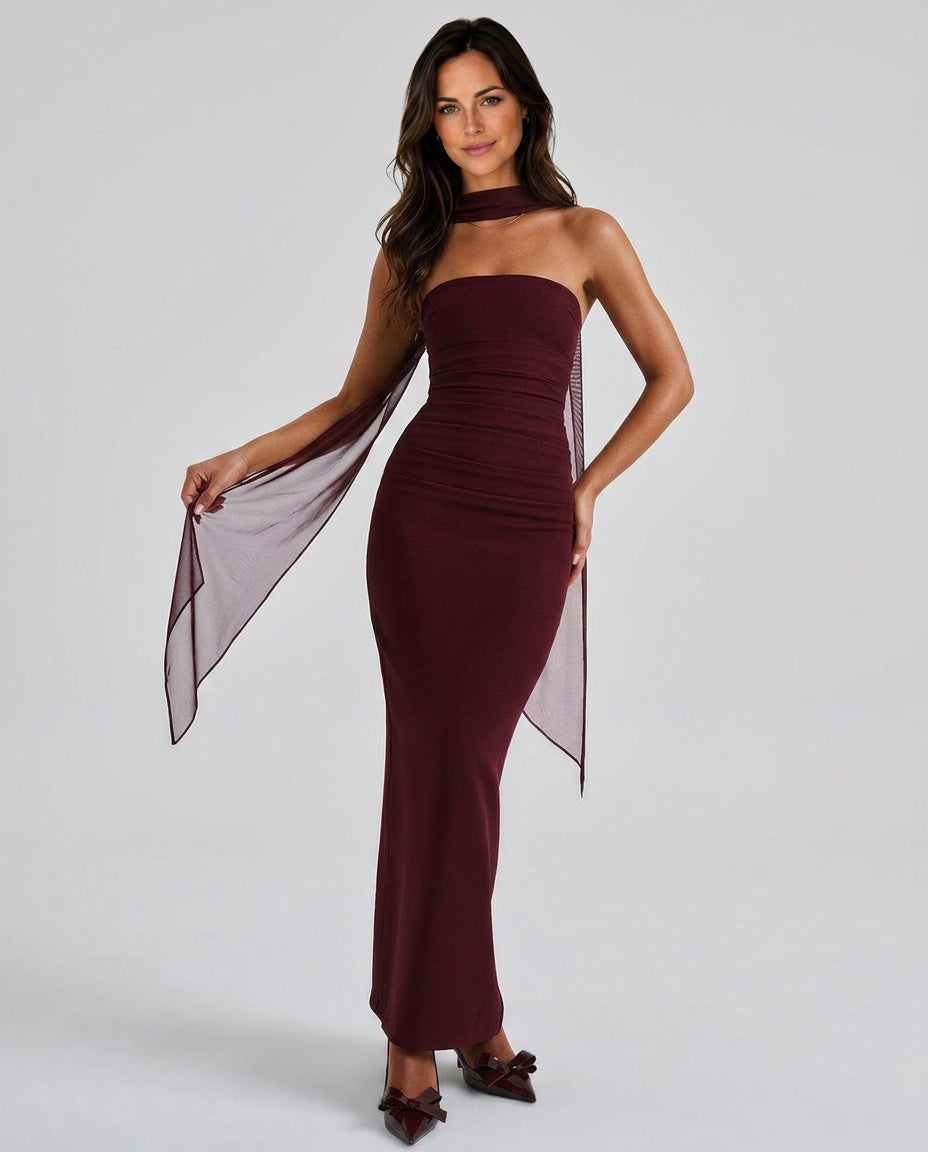 Abito Maxi Arricciato a Spalla Unica Elegante in nero 7