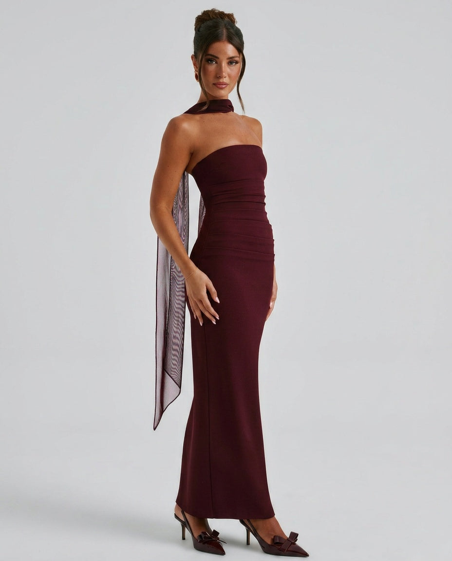 Abito Maxi Arricciato a Spalla Unica Elegante in nero 8