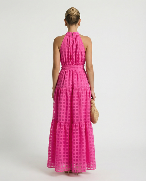 Abito maxi elegante con collo halter e vita legata per donne. 2