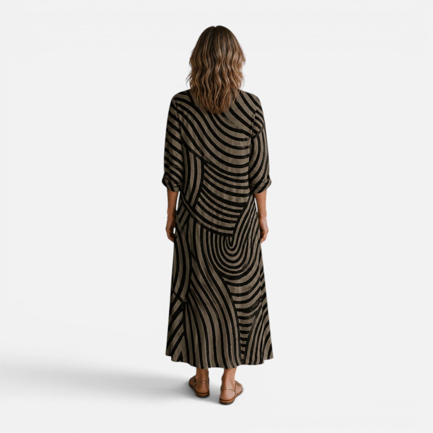 Abito maxi fluido con stampa astratta in beige. 2