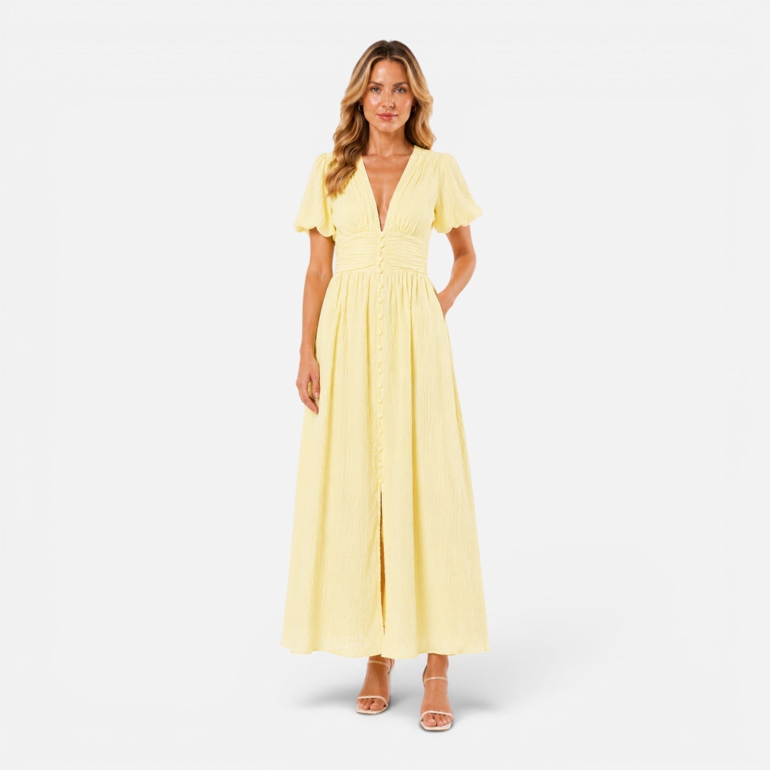 Abito maxi formale con maniche a palloncino e scollatura profonda a V