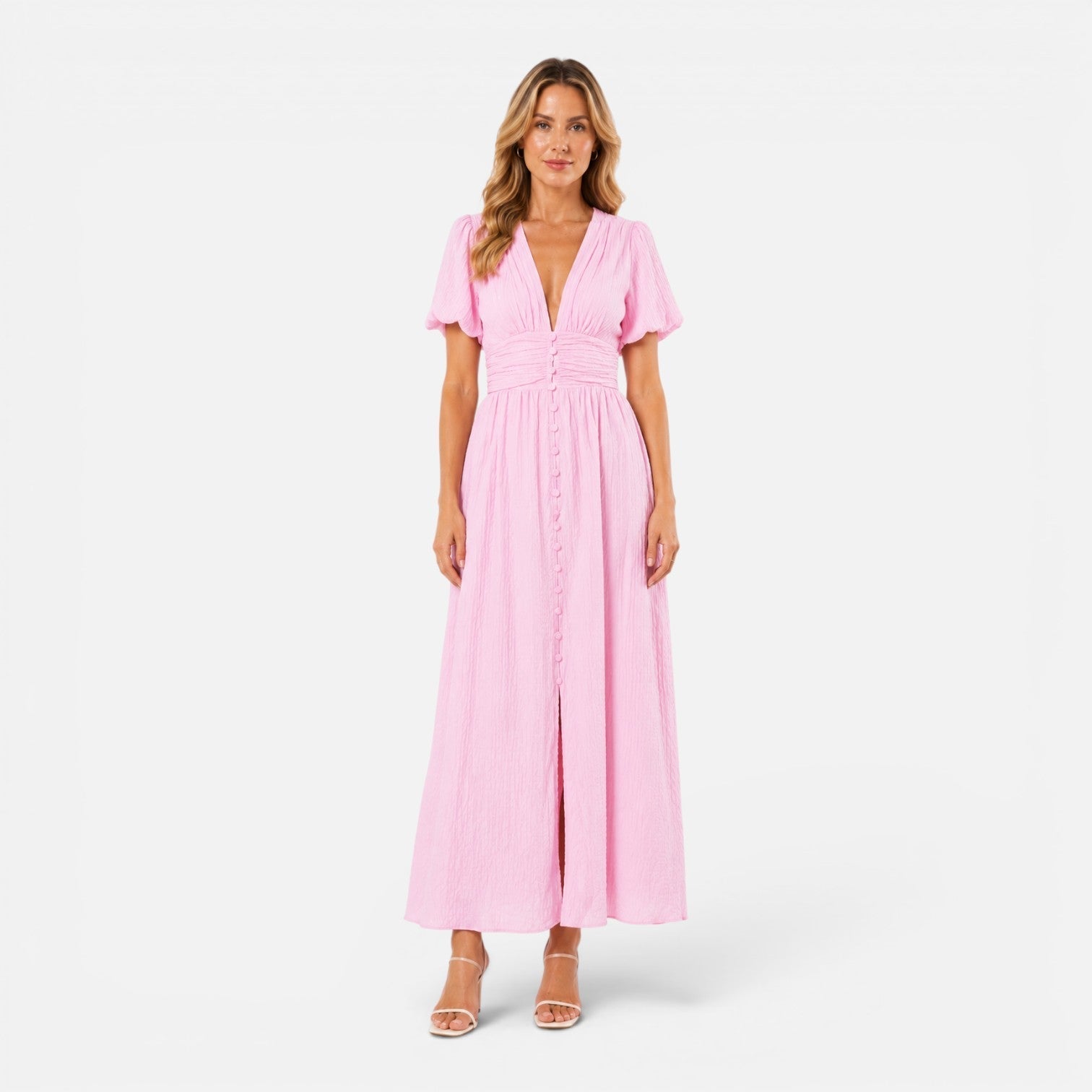 Abito maxi formale con maniche a palloncino e scollatura profonda a V 7