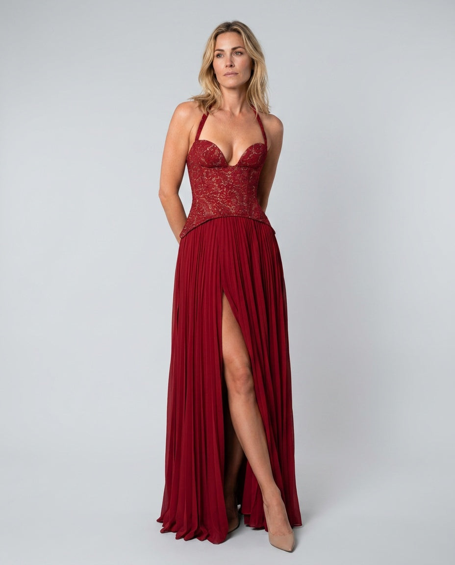 Abito maxi in pizzo romantico con scollo a cuore 11