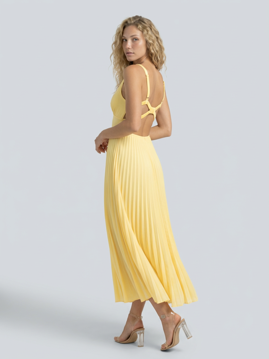 Abito Maxi Pieghettato Elegante in Giallo 3