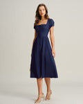 Abito midi A-line elegante con collo quadrato e maniche corte in navy.