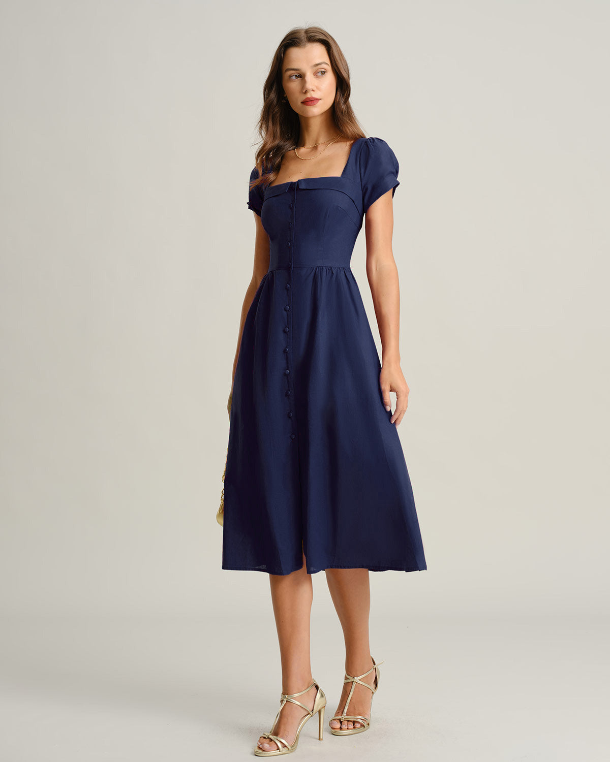 Abito midi A-line elegante con collo quadrato e maniche corte in navy.