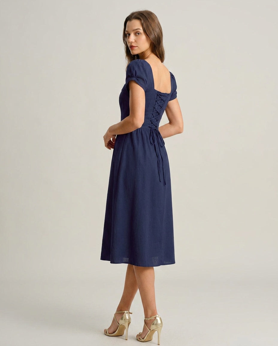 Abito midi A-line elegante con collo quadrato e maniche corte in navy. 2