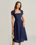 Abito midi A-line elegante con collo quadrato e maniche corte in navy. 3