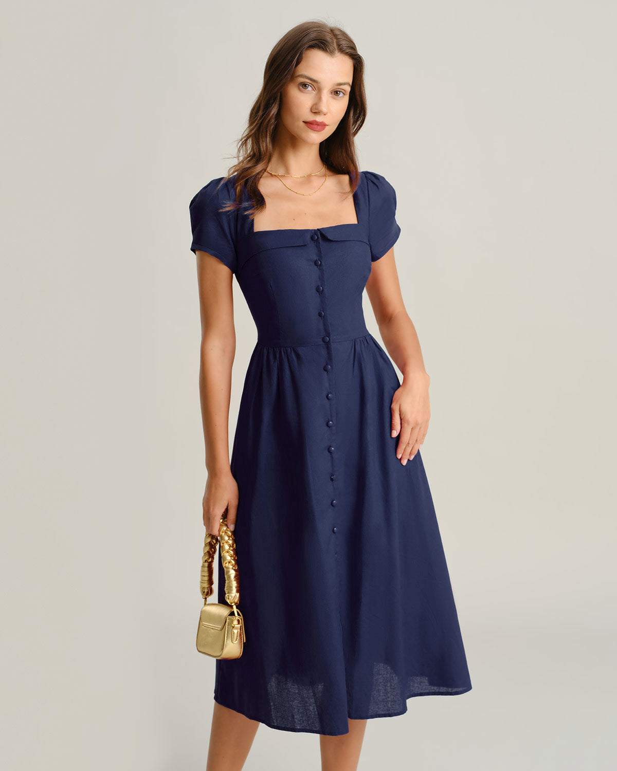 Abito midi A-line elegante con collo quadrato e maniche corte in navy. 3