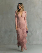 Abito midi elegante con frangia e scollatura a V 13