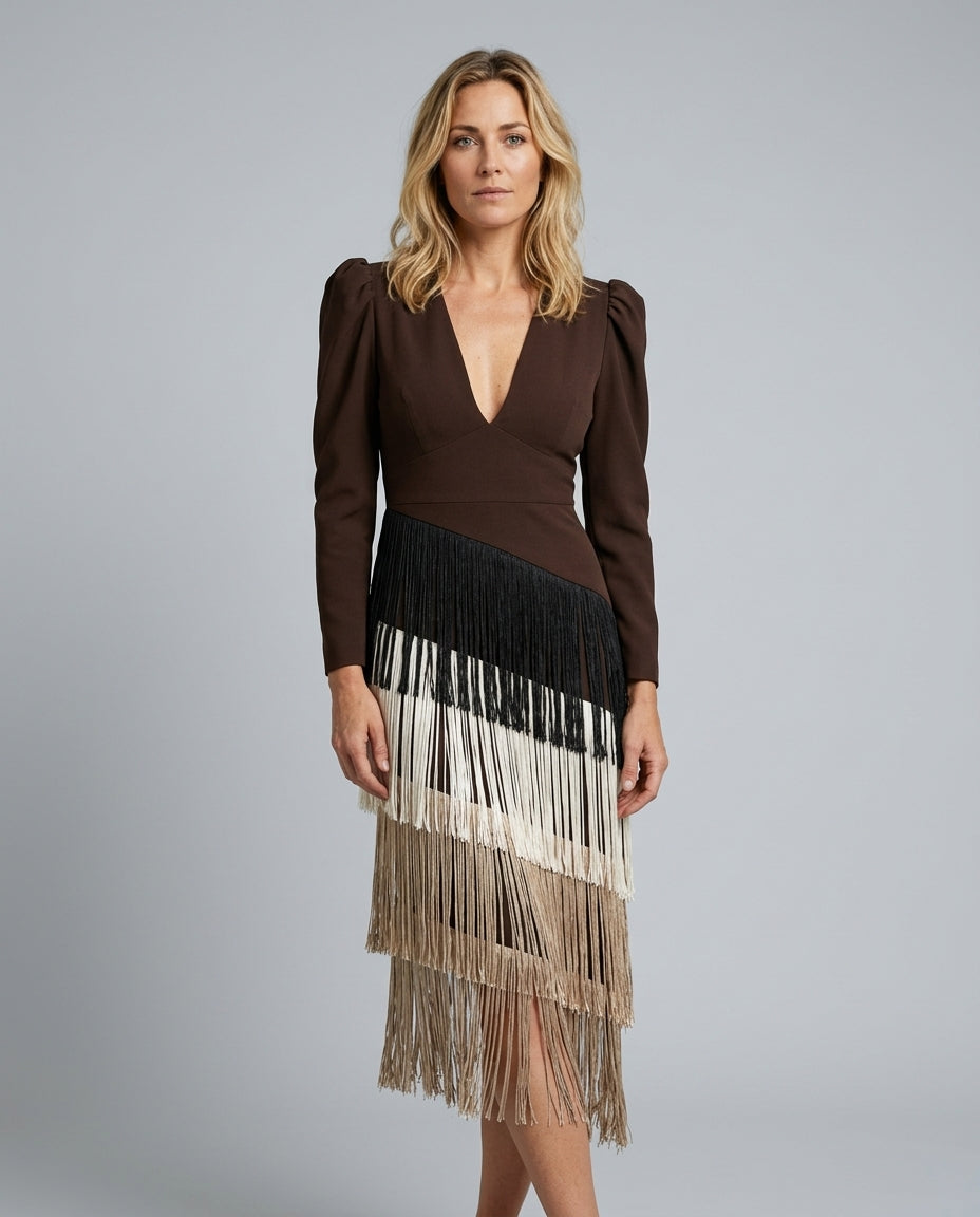Abito midi elegante con frangia e scollatura a V 14