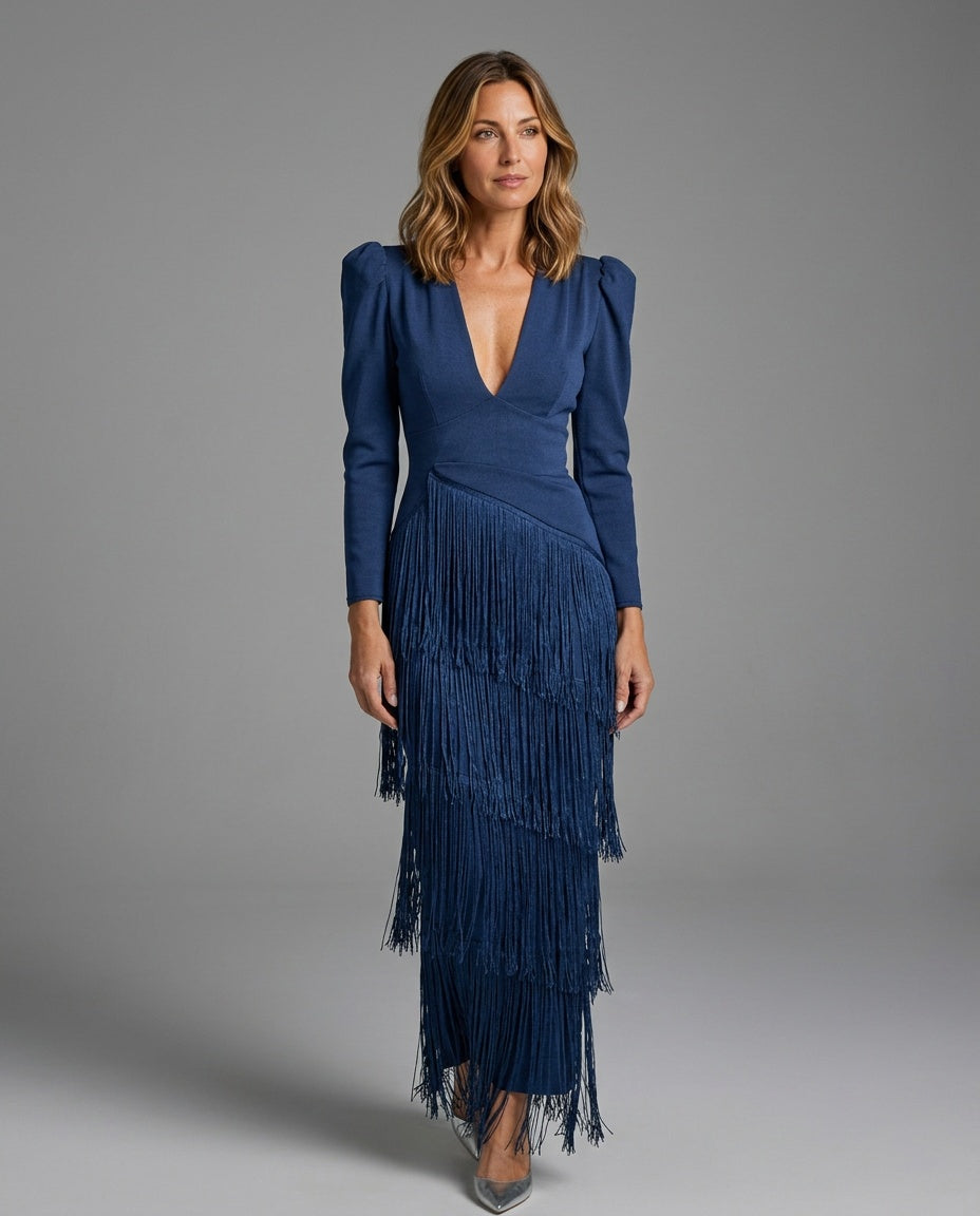 Abito midi elegante con frangia e scollatura a V 3
