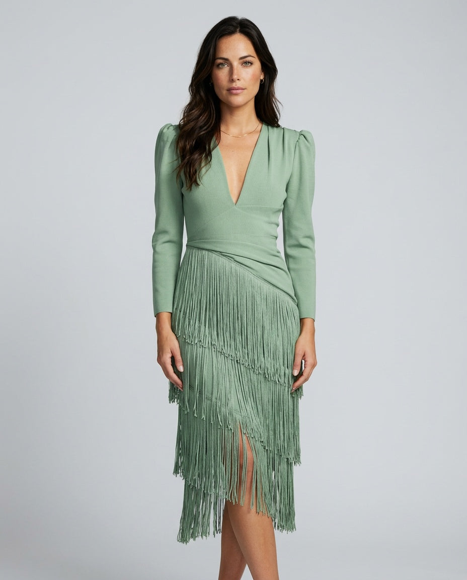 Abito midi elegante con frangia e scollatura a V 5