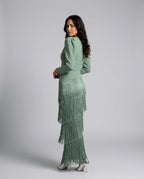 Abito midi elegante con frangia e scollatura a V 6