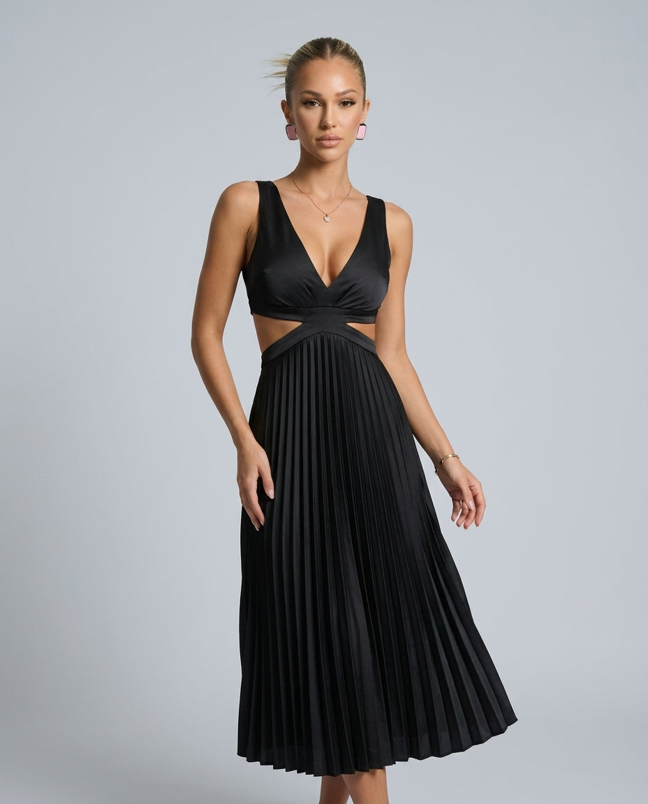 Abito midi pieghettato elegante con scollo a V e ritagli in vita. 5