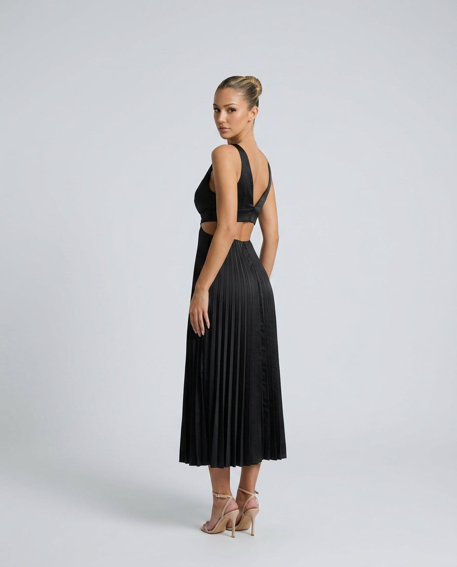 Abito midi pieghettato elegante con scollo a V e ritagli in vita. 6