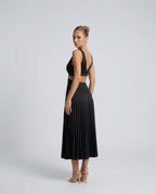 Abito midi pieghettato elegante con scollo a V e ritagli in vita. 6
