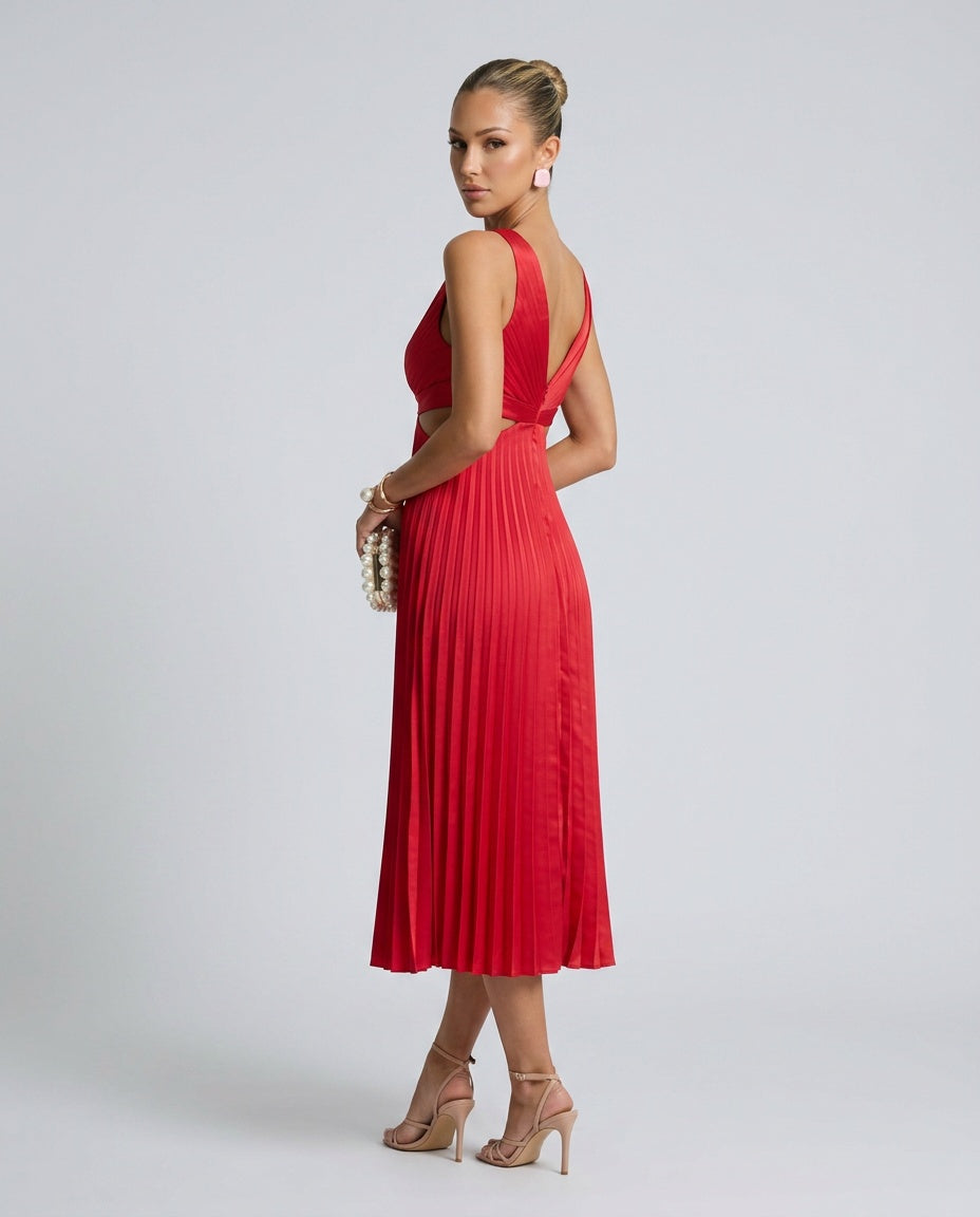 Abito midi pieghettato elegante con scollo a V e ritagli in vita. 7