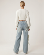 Jeans a gamba larga con lacci laterali in denim azzurro. 5