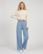 Jeans a gamba larga con vita elastica in denim azzurro 4