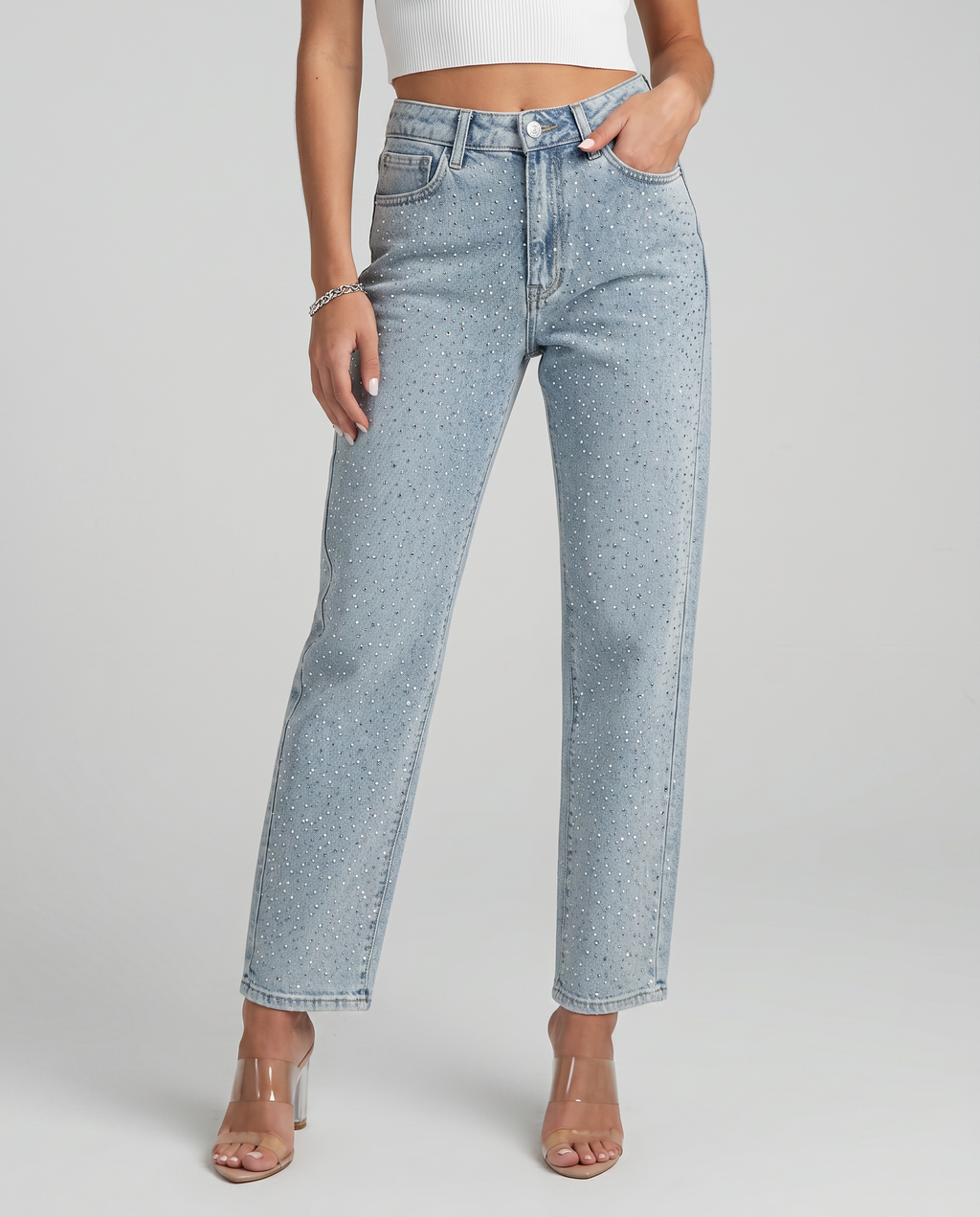Jeans a vita alta brillanti per donne