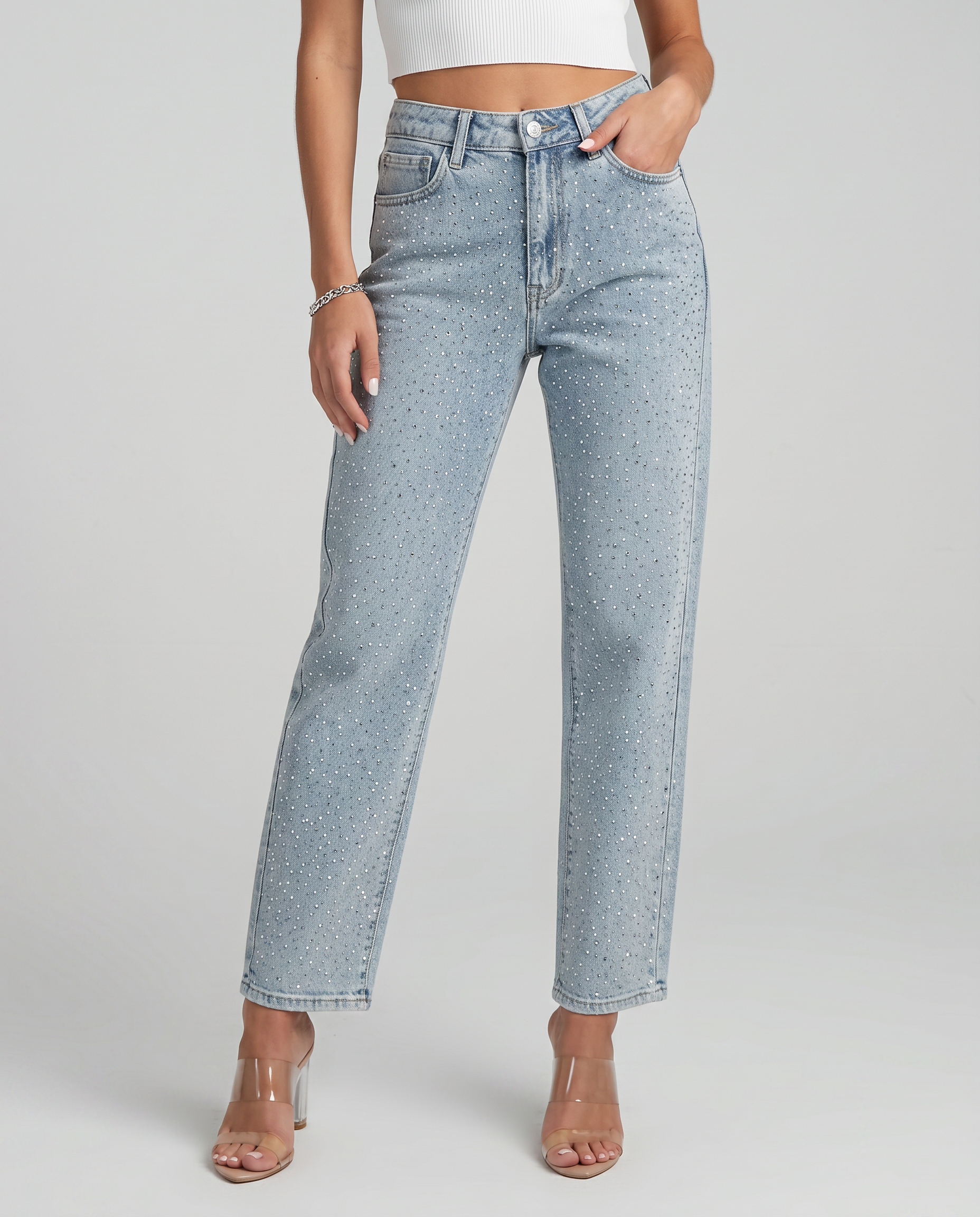 Jeans a vita alta brillanti per donne
