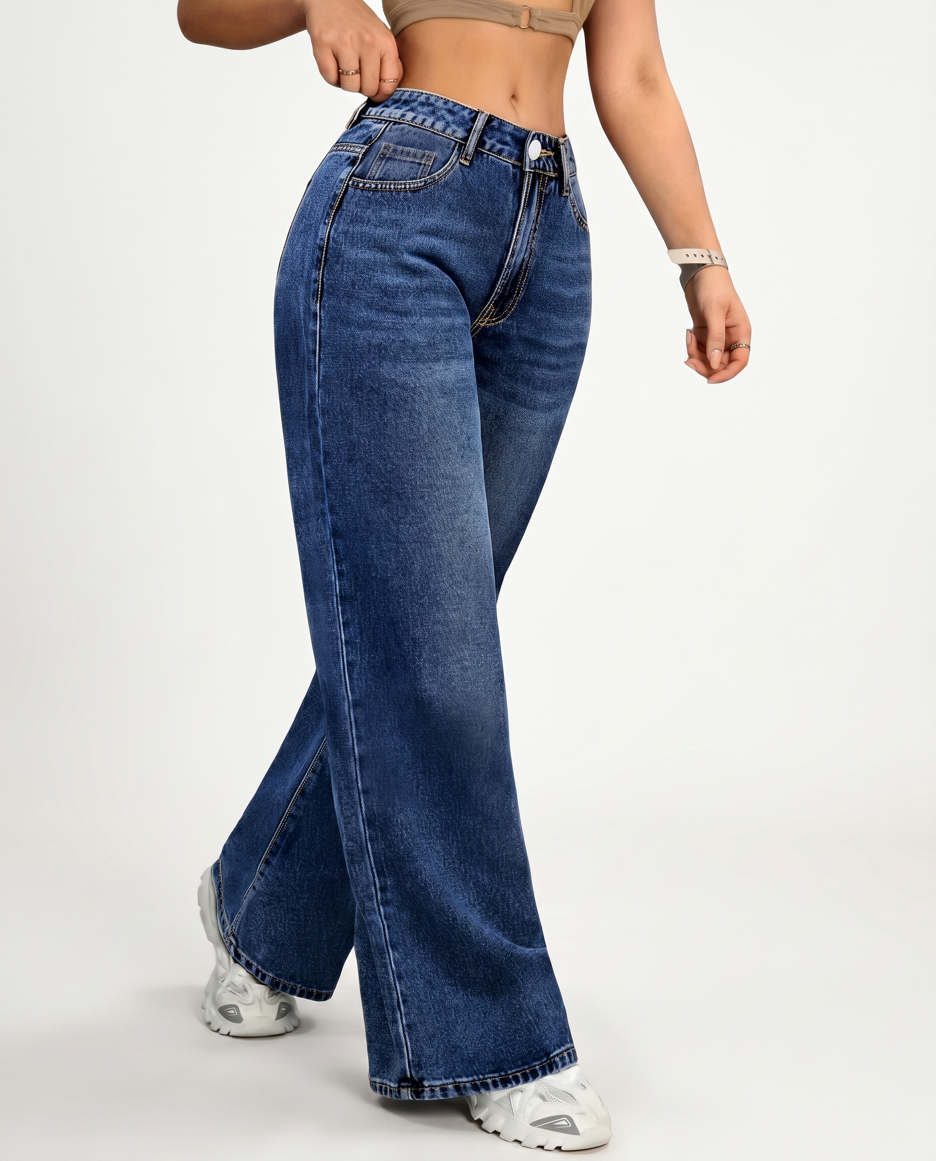 Jeans a gamba dritta ampia Lorrie in denim blu per donne. 3