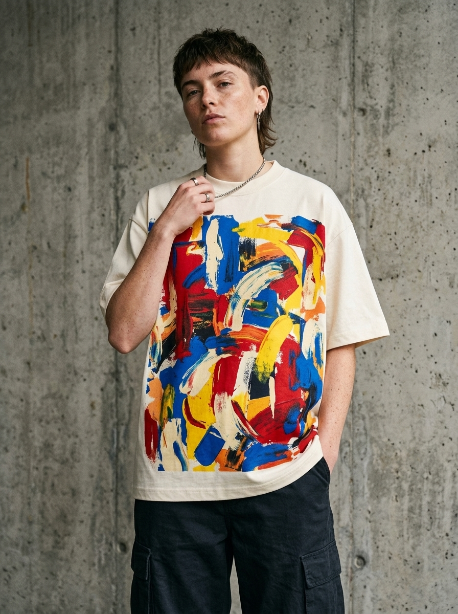 T-Shirt Oversize Esplosione di Colore - Indossata