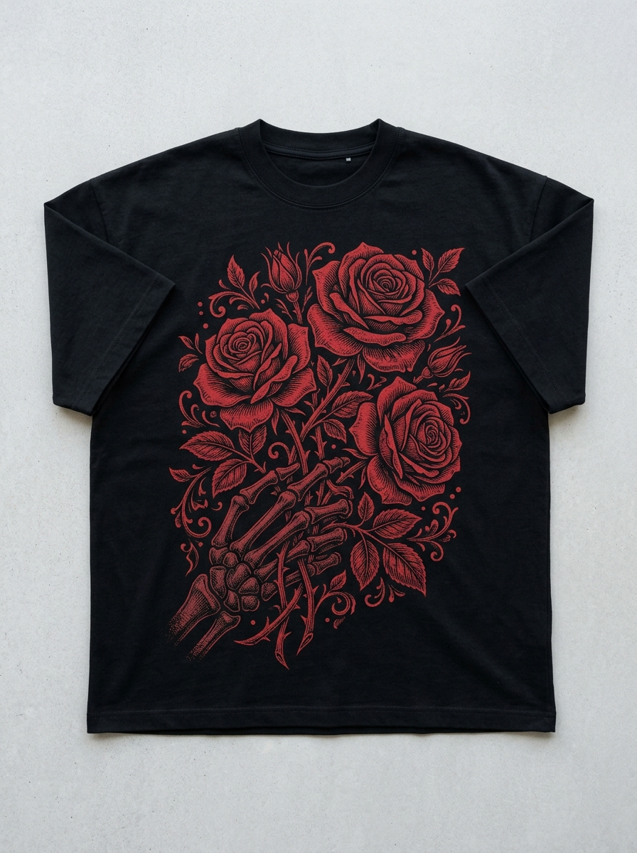 T-Shirt Oversize Rose e Scheletro - Vista frontale