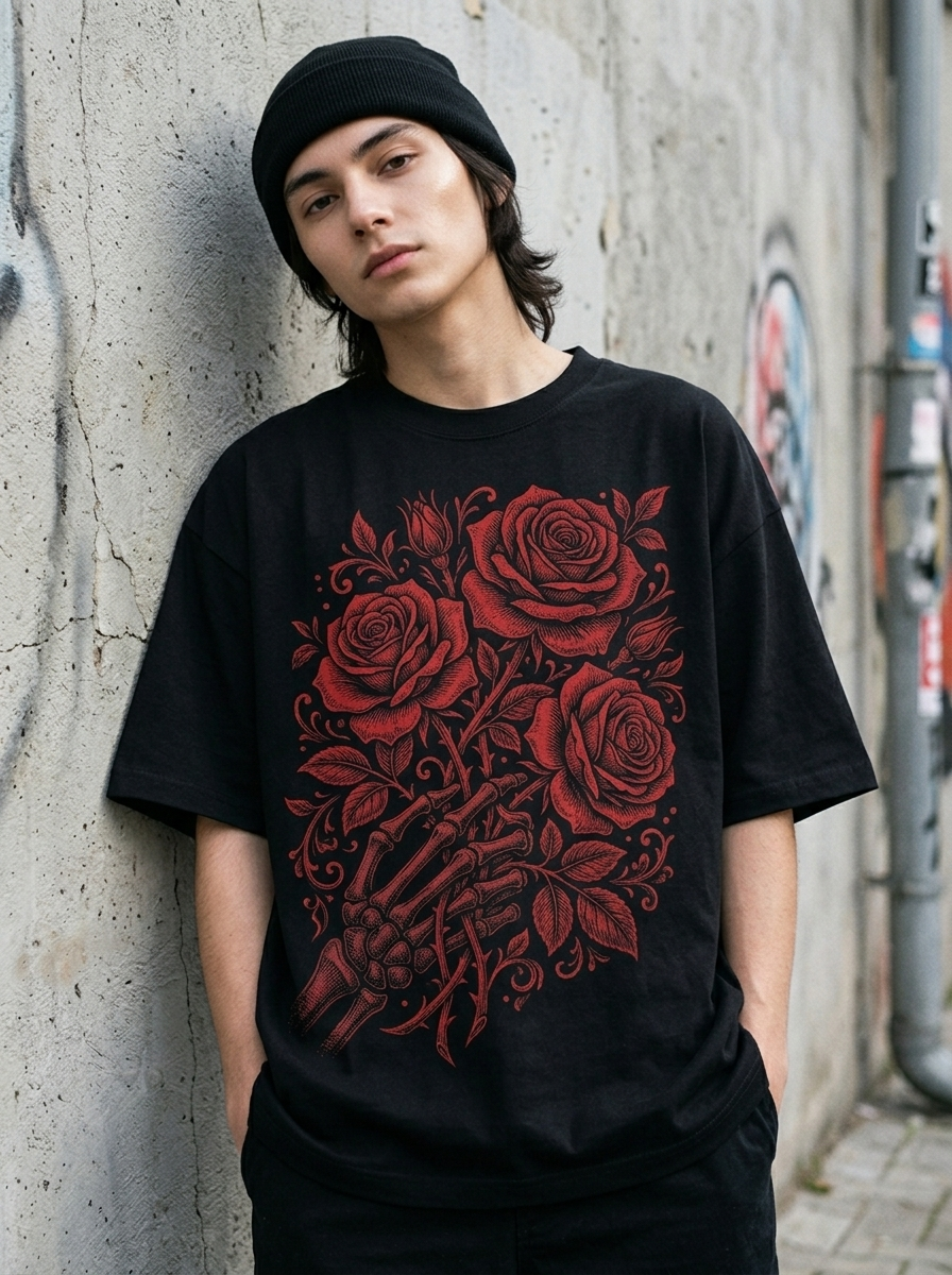 T-Shirt Oversize Rose e Scheletro - Indossata